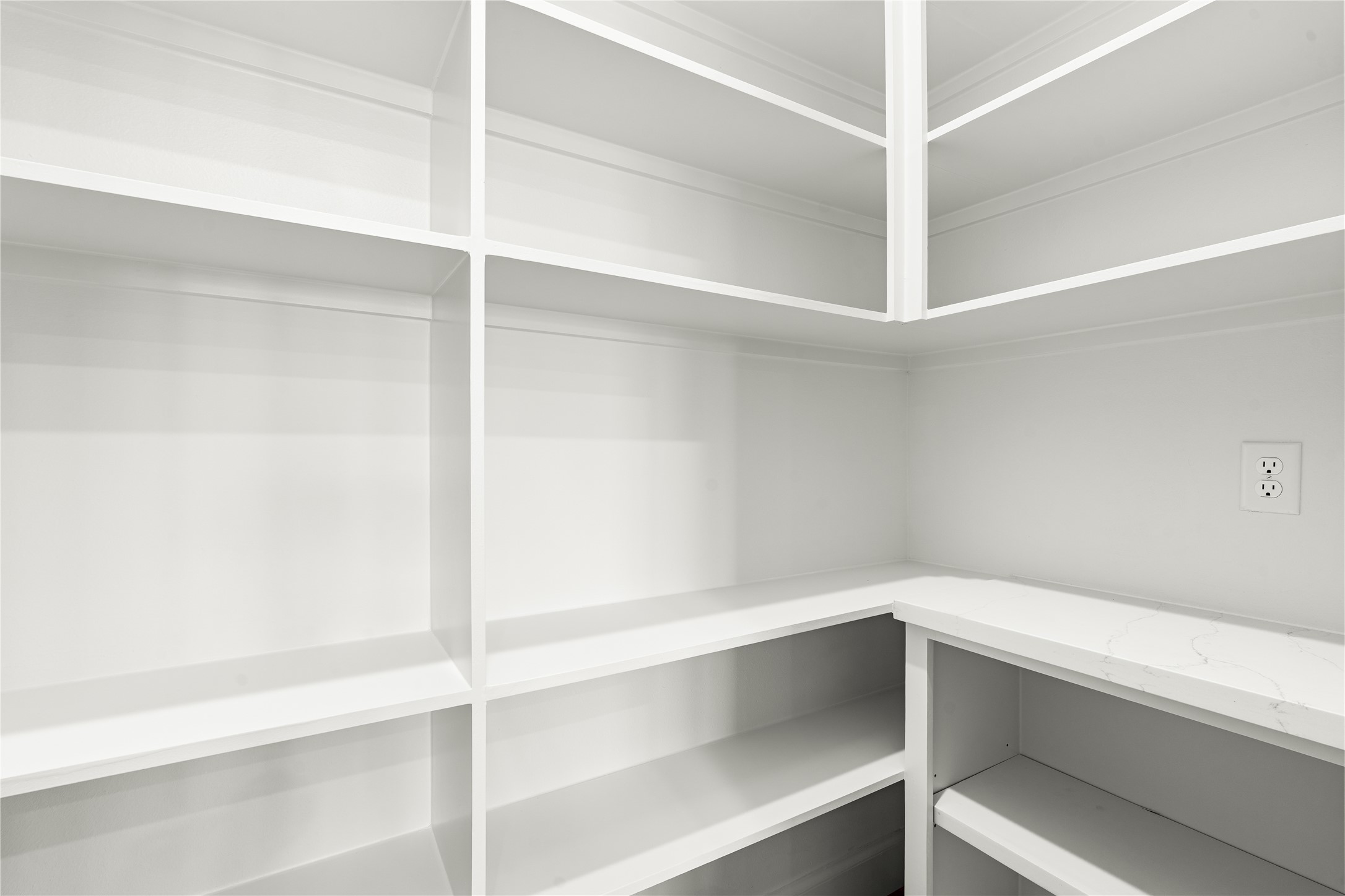 1614 Ojeman Road, Unit E Houston, TX 77055 - Photo 19 of 50 Spacious walk-in pantry featuring built-in shelves and a quartz countertop, complemented by a convenient electrical outlet for espresso machines or small appliances.