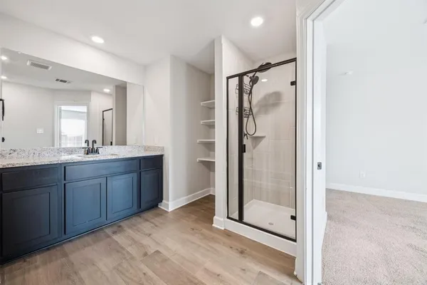 a bathroom with a shower sink and mirror