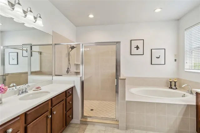 a bathroom with a tub sink shower and mirror