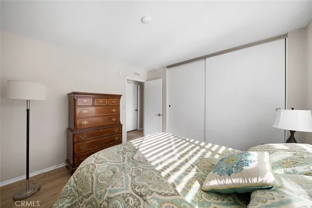 a bedroom with a bed and a closet