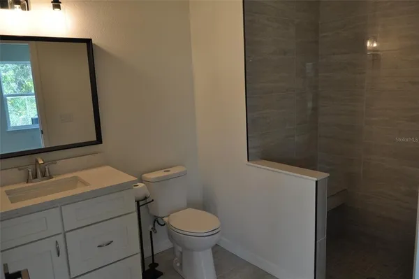 a bathroom with a sink a toilet and mirror