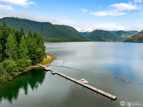 a view of a lake with a mountain in the background