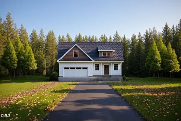 a view of a house with a big yard plants and large trees