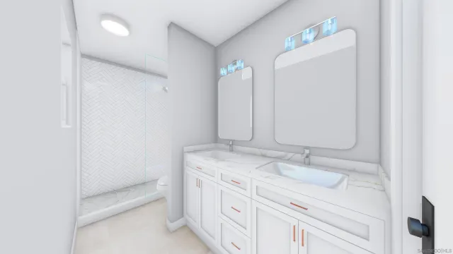 a bathroom with a sink vanity granite and a mirror