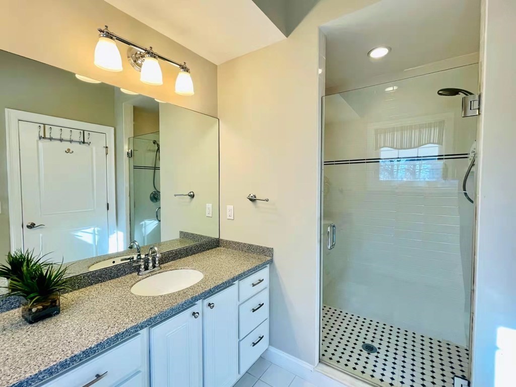 797 Highland Avenue, Unit 4 Needham, MA 02494 - Photo 10 of 21 a bathroom with a granite countertop sink a mirror and a shower