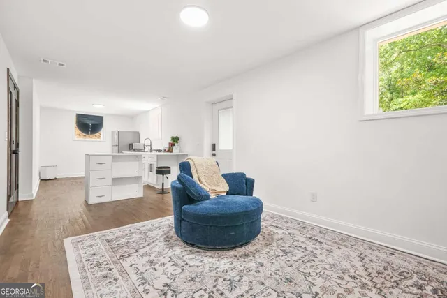 a living room with furniture and a potted plant