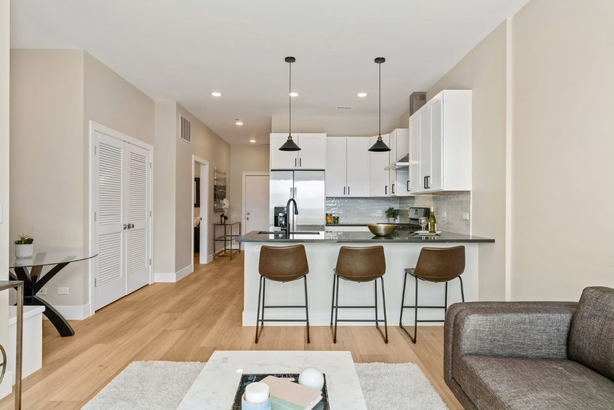 Undisclosed Address Chicago, IL 60657 - Photo 8 of 22 a living room with stainless steel appliances kitchen island granite countertop furniture and a kitchen view