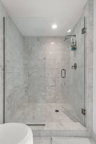 a bathroom with a shower and toilet