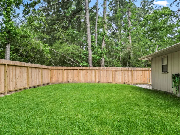 a view of a backyard with large trees and wooden fence