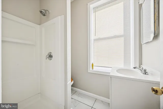 a bathroom with a sink a shower and a mirror