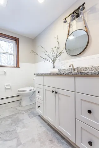 a bathroom with a sink a toilet and a mirror