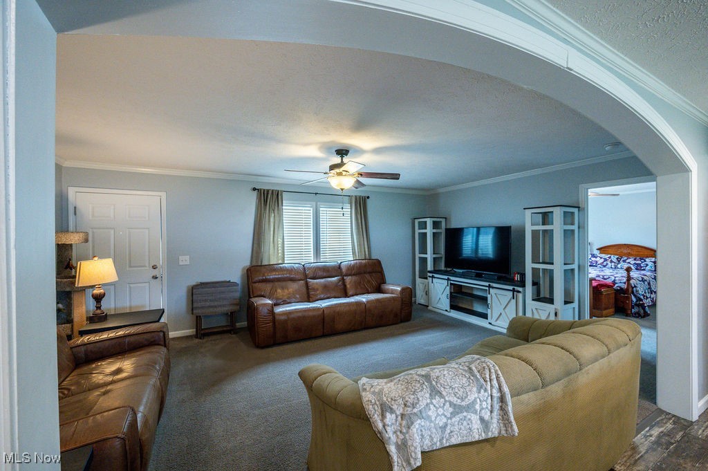 560 Wine Road Elizabeth, WV 26143 - Photo 23 of 50 Living area featuring arched walkways, ornamental molding, ceiling fan, dark colored carpet, and a textured ceiling