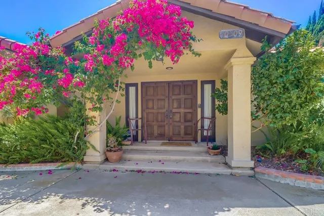 an aerial view of residential house with outdoor space and swimming pool