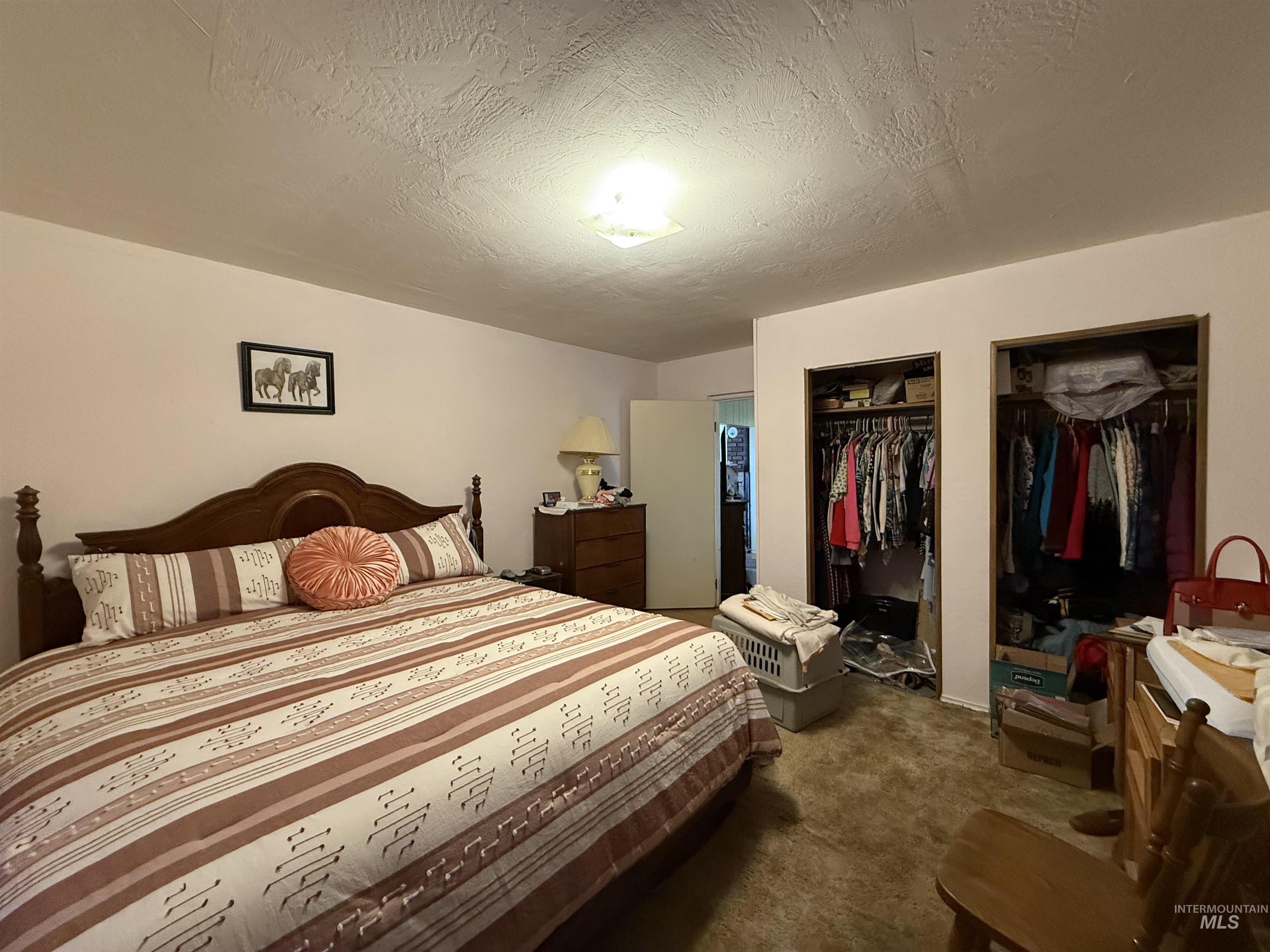19241 West Homedale Road Caldwell, ID 83607 - Photo 22 of 35 Bedroom featuring dark colored carpet, a textured ceiling, and two closets