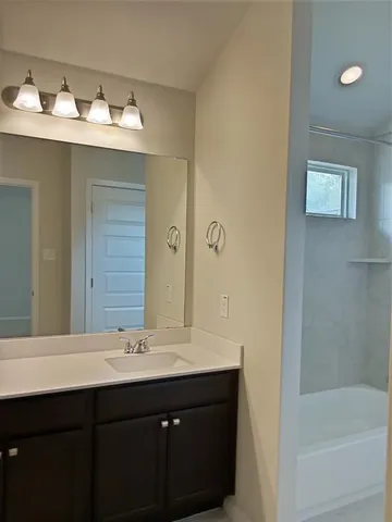 a bathroom with a sink and a mirror