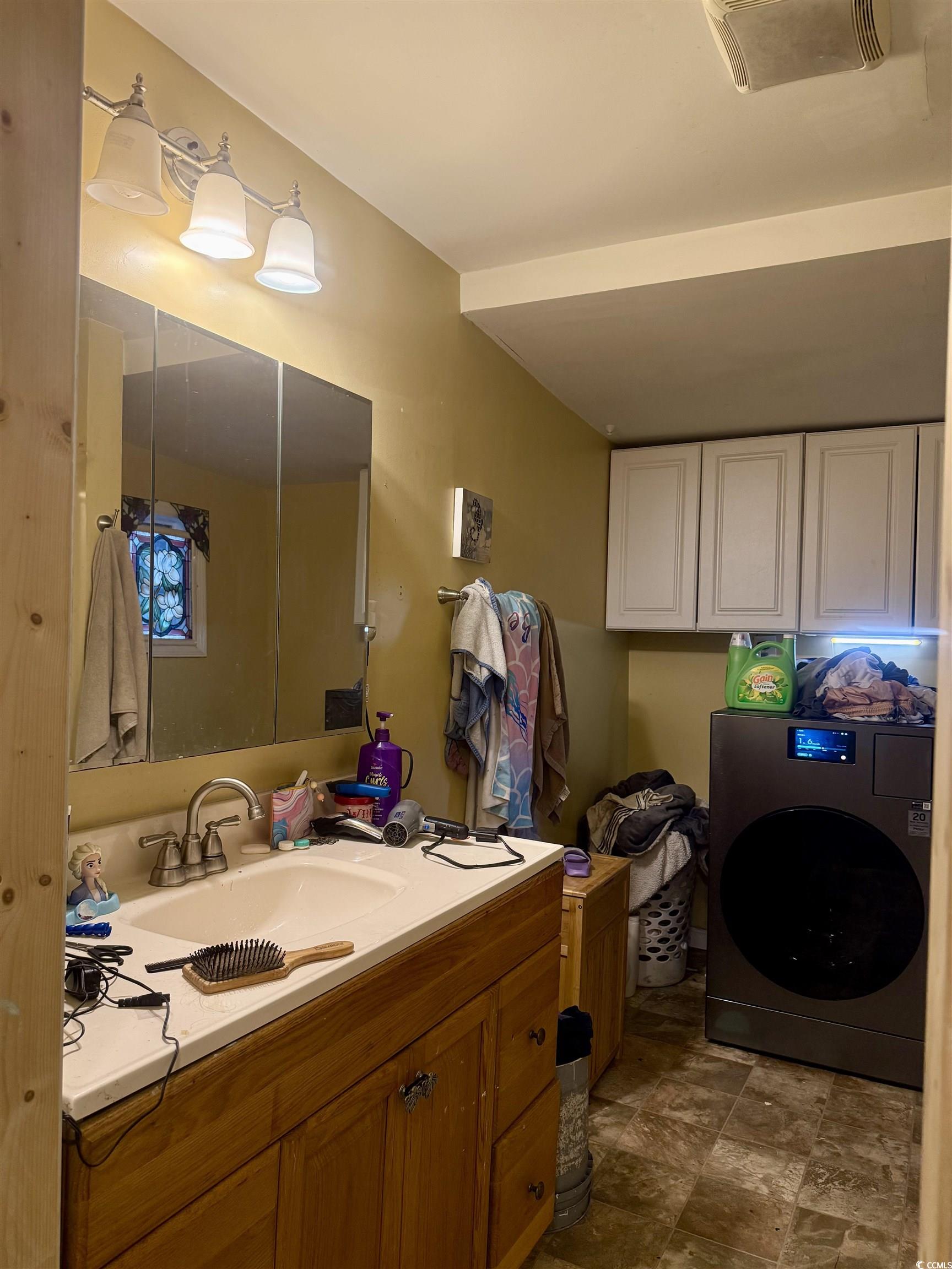 2408 South Island Road Georgetown, SC 29440 - Photo 24 of 35 Bathroom with washer / dryer, vanity, and stone fi