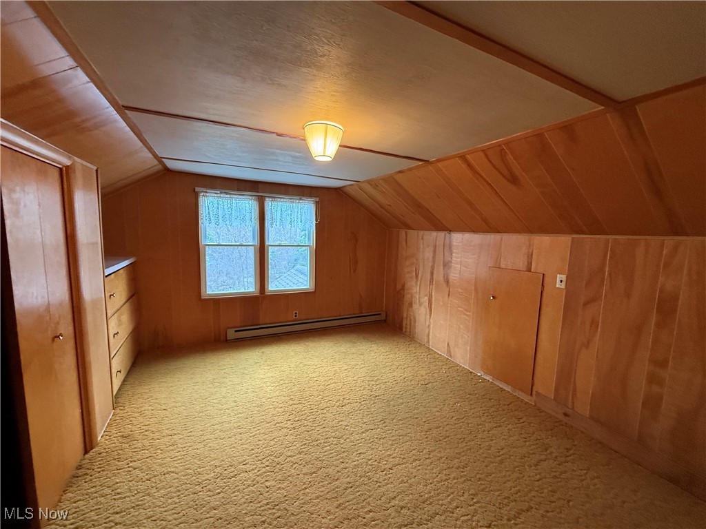 3122 South Medina Line Road Wadsworth, OH 44281 - Photo 34 of 41 Bonus room with wooden walls, carpet, a baseboard heating unit, and vaulted ceiling