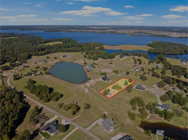 a view of a lake with houses in the back