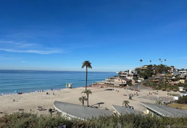 a view of street with an entrance and potted plants