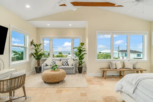 a living room with furniture and a potted plant