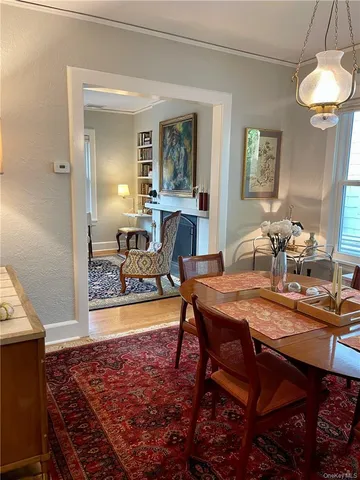 a view of a dining room with furniture