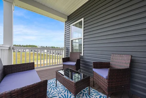 a building outdoor space with patio furniture