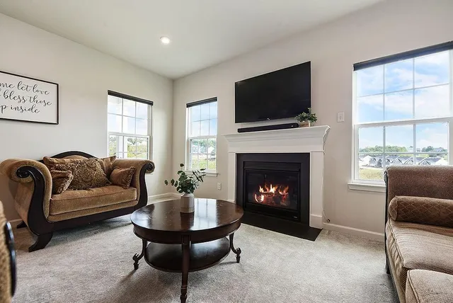 a living room with furniture a flat screen tv and a fireplace