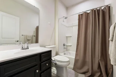 a bathroom with a sink a toilet a mirror and shower