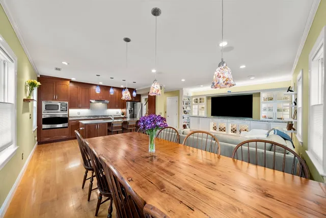a view of a dining room with furniture
