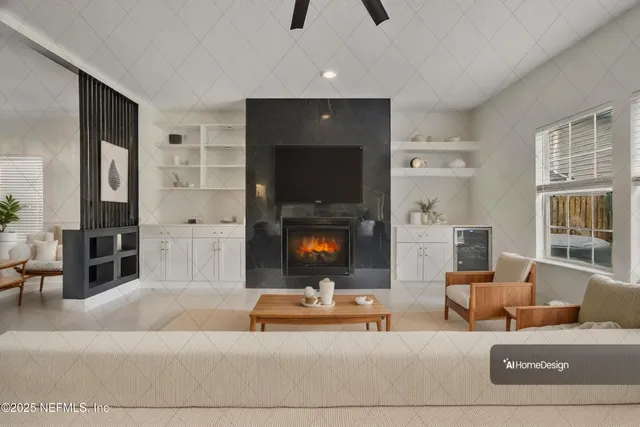 a living room with furniture and a fireplace