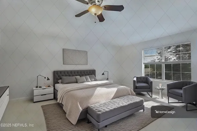 a bedroom with a bed a couch and a large window