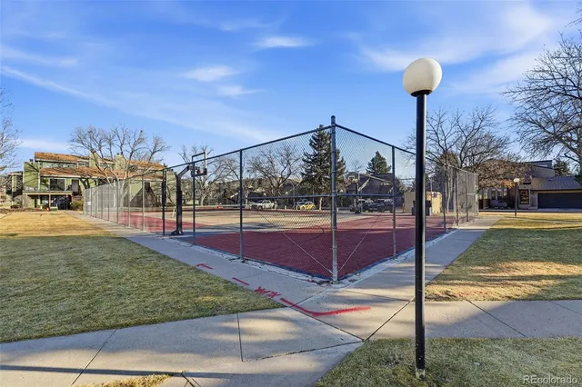 a view of a park with large trees