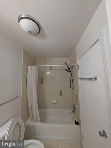 a bathroom with a shower and a toilet