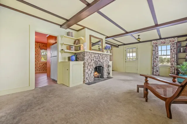 a view of a livingroom with furniture and a fireplace