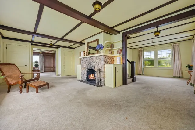 a view of a livingroom with furniture and a fireplace