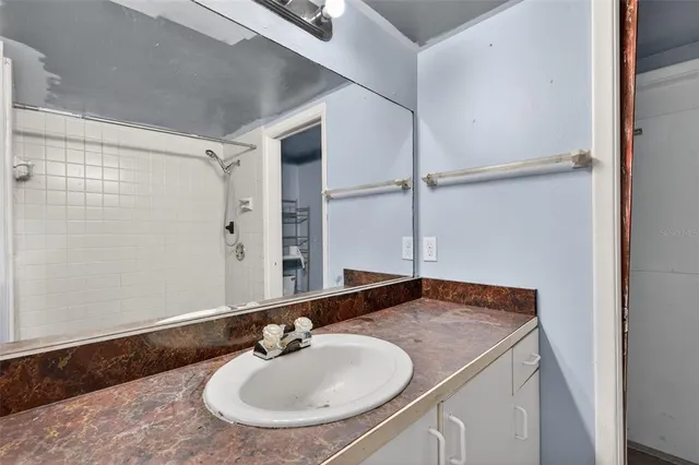 a bathroom with a sink and a mirror