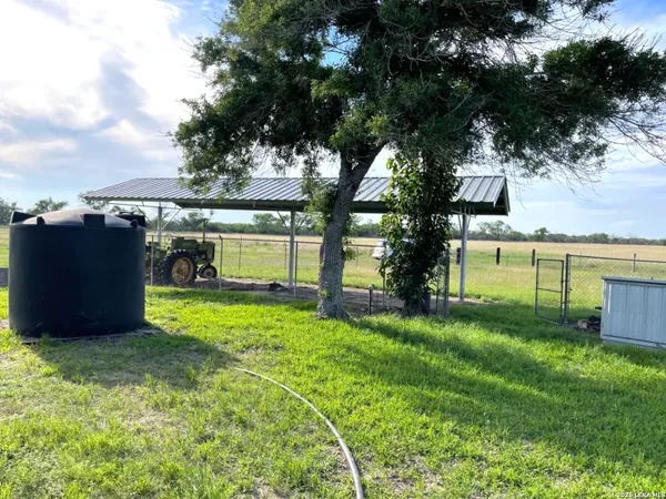 a view of a garden with a bench and trees