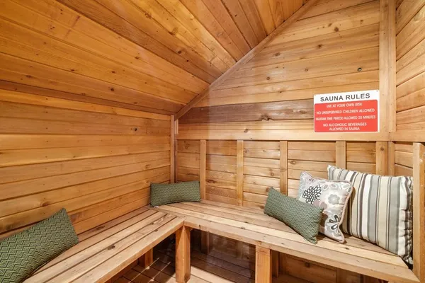 a view of a wooden shelves