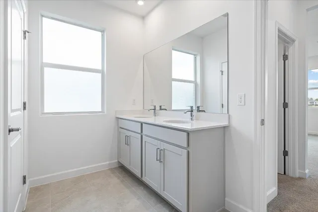 a bathroom with 2 sink and a mirror