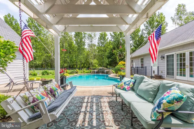 a swimming pool with outdoor seating and yard