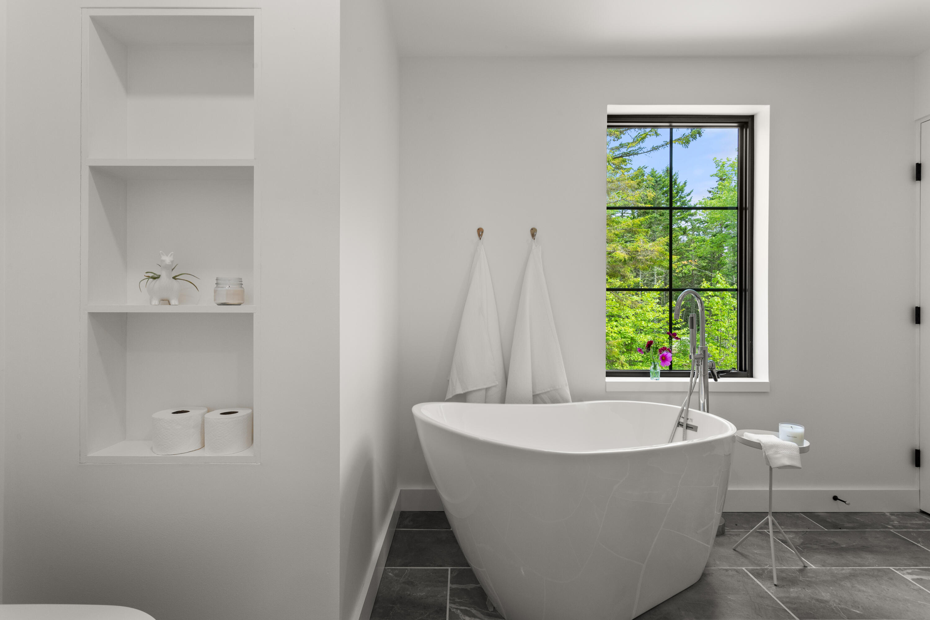 117 Flye Point Road Brooklin, ME 04616 - Photo 34 of 54 Soaking Tub with View, Bathroom Shelving