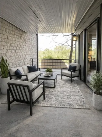 a living room with patio furniture and a large window