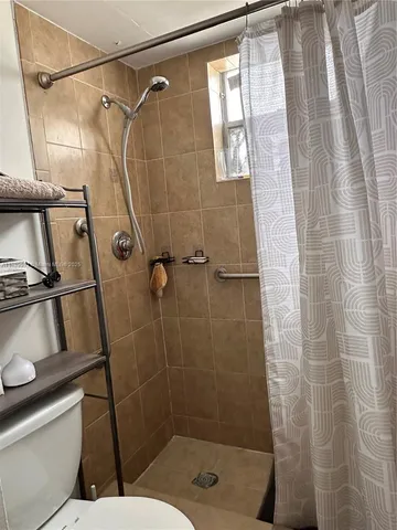 a bathroom with a shower and toilet