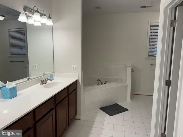 a bathroom with a tub sink and a mirror