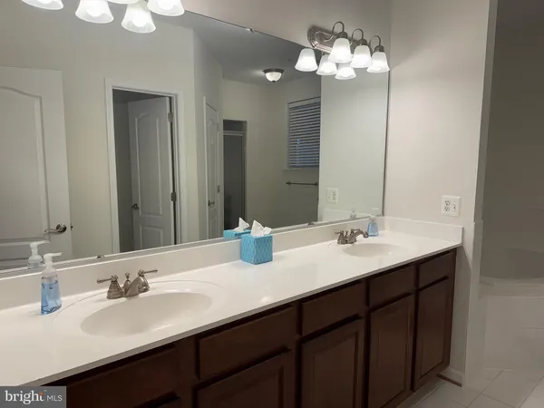 a bathroom with double vanity sinks a vanity a lamp and a mirror