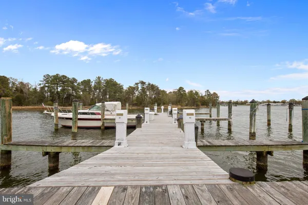 a view of a lake with boats and trees in the background