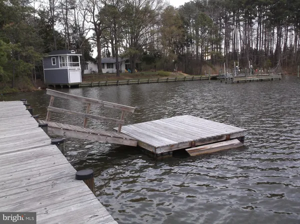 a view of a wooden deck with trees