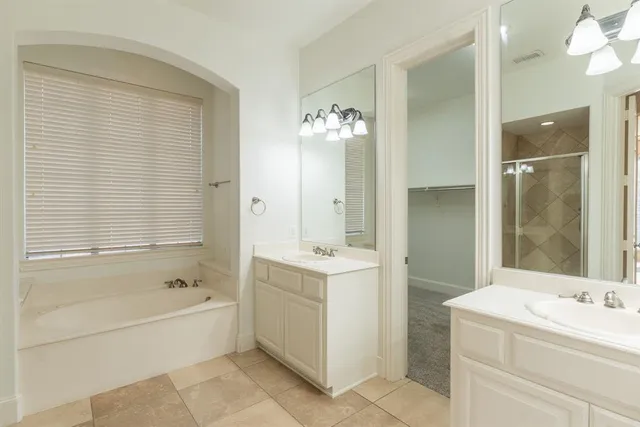a bathroom with a tub sink shower and mirror