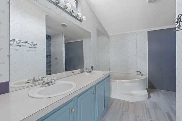 a bathroom with a tub sink and mirror