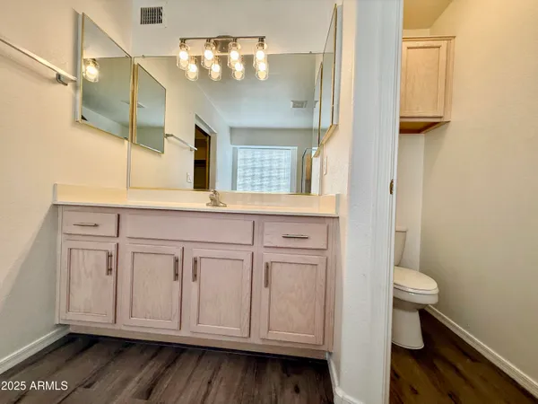 a bathroom with a sink a toilet and mirror
